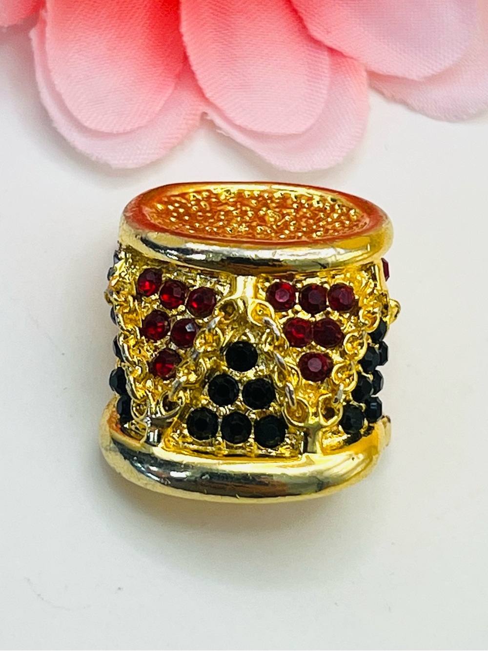 Gold-tone Red & Black Crystal Christmas drum brooch